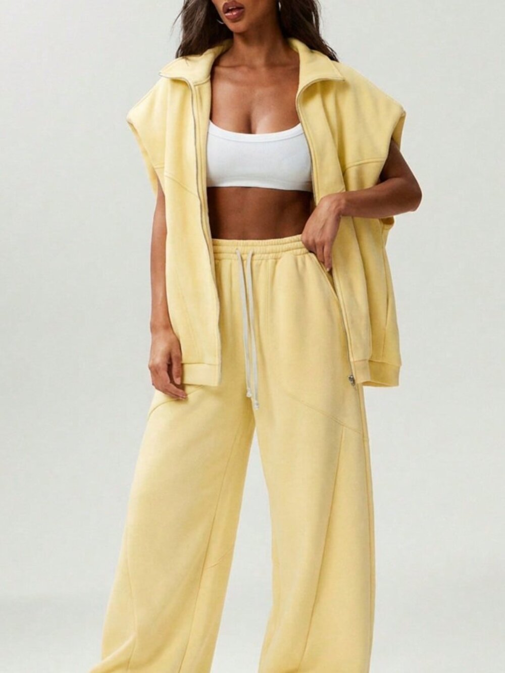 Light Yellow Casual Women's Plain Long Zip-Up Sweatshirt Vest - Picture 2 of 6